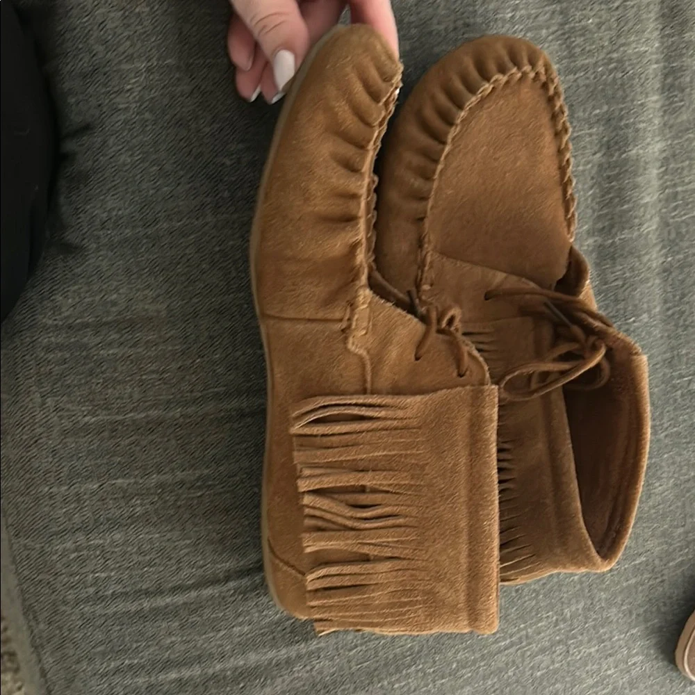 Brown Suede Moccasins with Wraparound Lacing - Picture 2 of 4